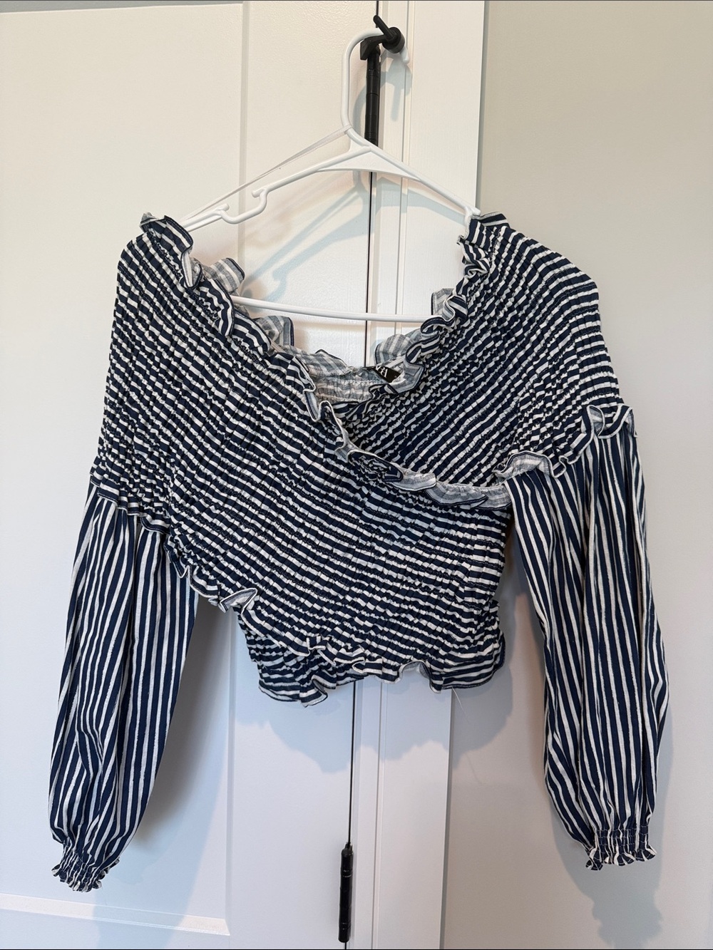 Zara Navy and White Striped Smocked Off-Shoulder Blouse